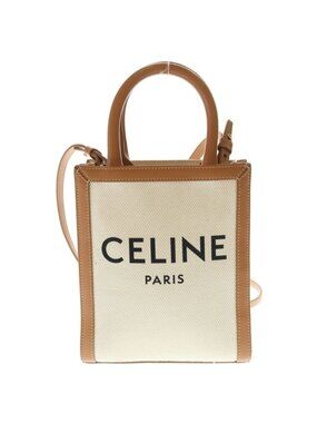 Celine Mini Vertical Cover 2-Way Shoulder Bag Ivory Brown Leather Canvas Gold